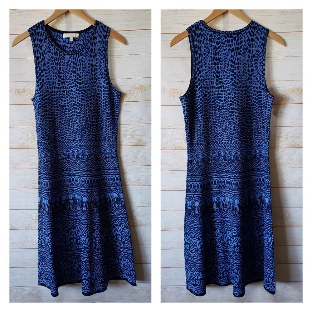 Etcetera Fit and Flare Knit Sleeveless Dress Blue Black Women's Size Medium